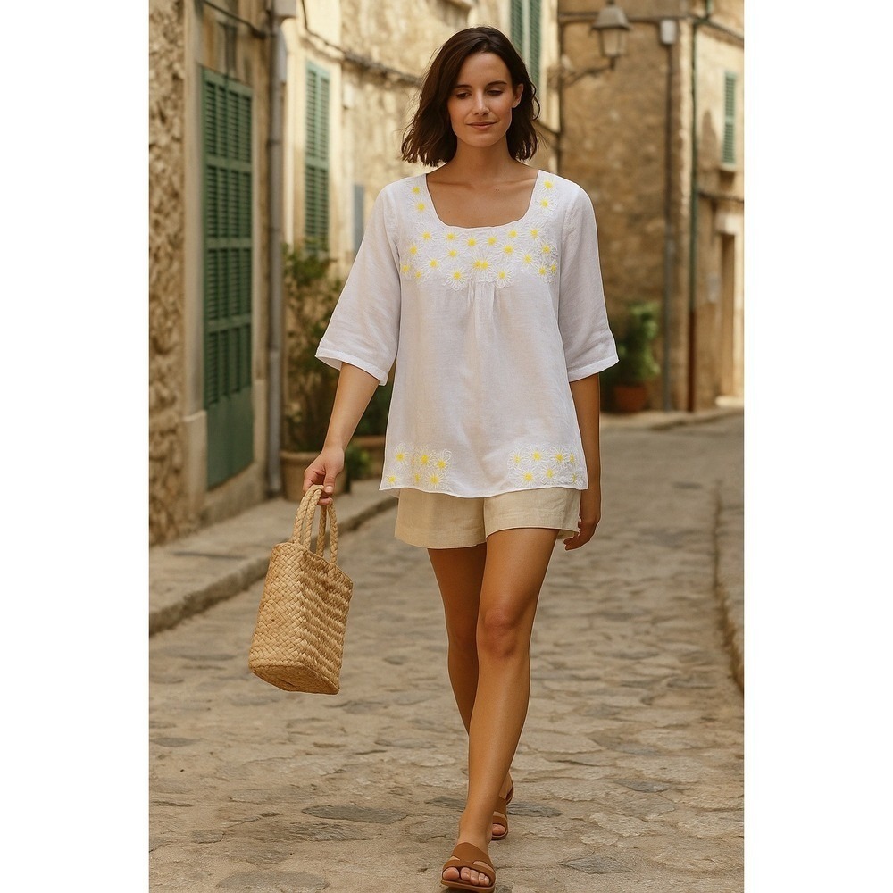 Naracamicie Embroidered White Yellow Italian Linen Coastal Tunic Blouse Size L